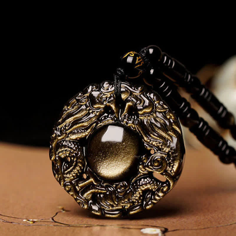 Buddha Stones Natural Gold Sheen Obsidian Rainbow Obsidian Dragon Strength Necklace Pendant (Extra 35% Off | USE CODE: FS35)