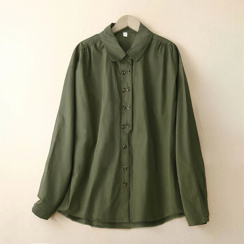 Buddha Stones Plain Double-breasted Long Sleeve Women's Cotton Lapel Shirt