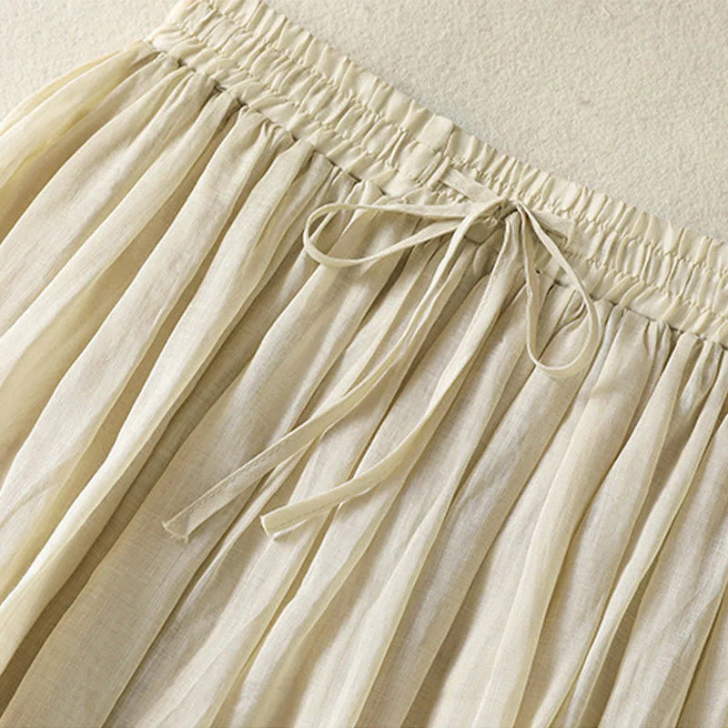 Buddha Stones Summer Plain Drawstring Lace Patchwork Design Women's Cotton Linen 7-8 Length Skirt