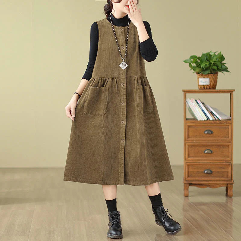 Buddha Stones Fall Retro Buttons Design Corduroy Sleeveless Midi Dress With Pockets