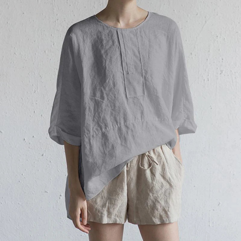 Buddha Stones Summer Casual Plain Half Sleeve Crew Neck Side Slit Women's T-Shirt