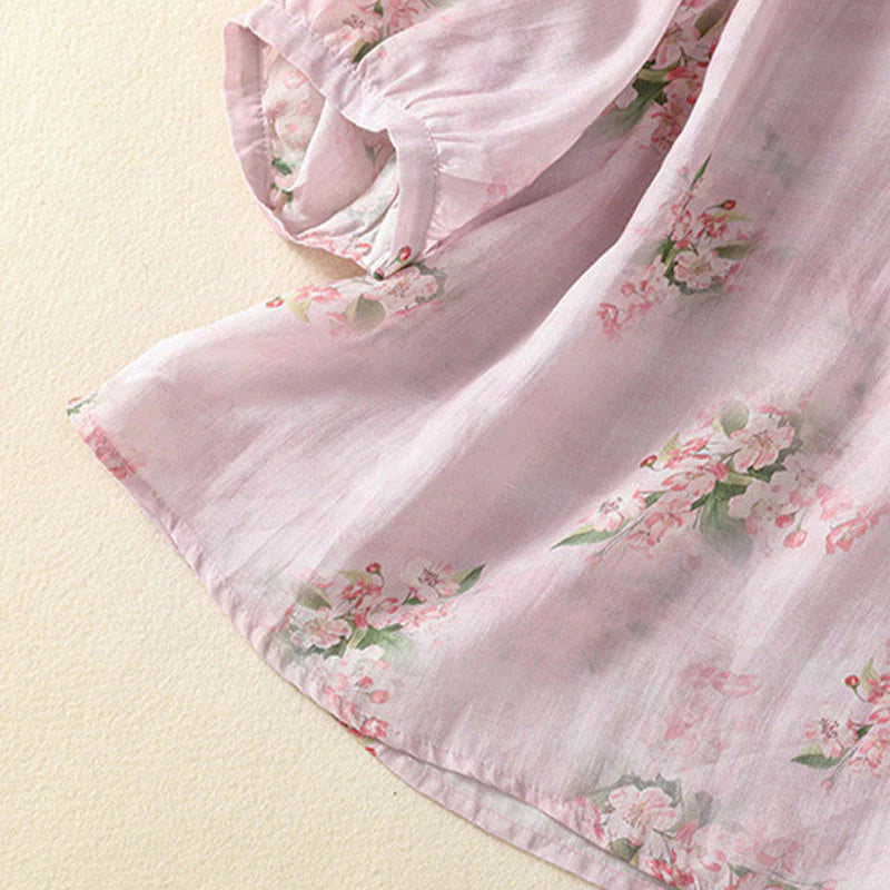 Buddha Stones Crew Neck Casual Frog-Button Floral Print Pattern Blouse Half Sleeve Women's Shirts