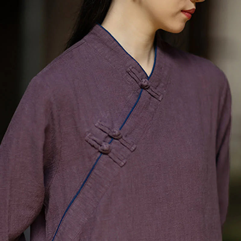 Buddha Stones Solid Frog-Button Long Sleeve Ramie Linen Midi Dress Cheongsam With Pockets