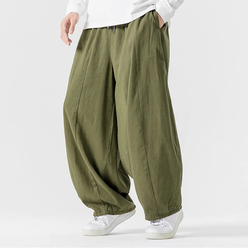 Buddha Stones Fall Solid Color Cotton Elastic Waist Men's Harem Pants With Pockets
