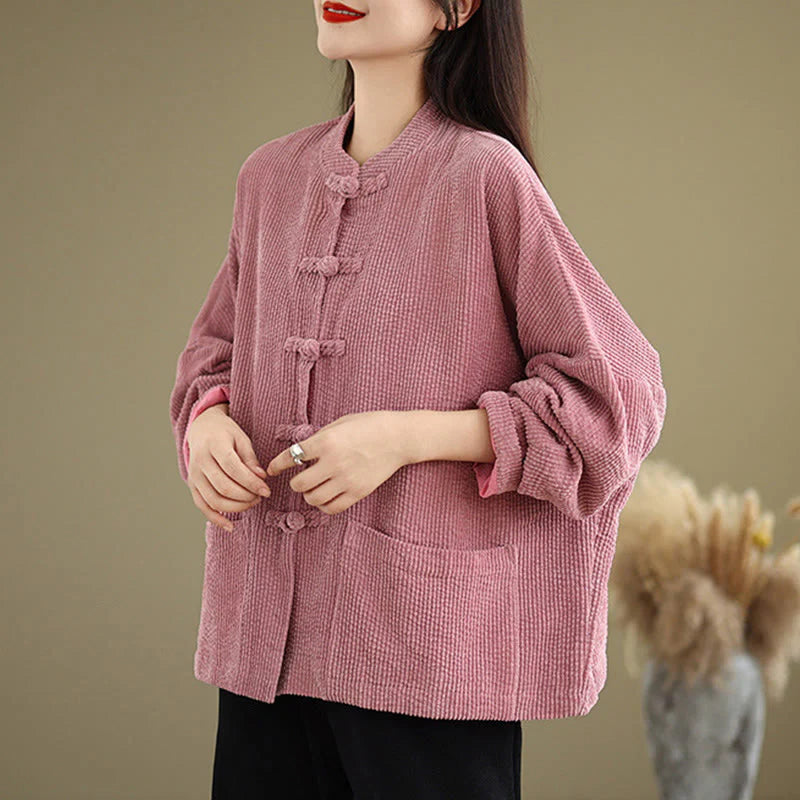 Buddha Stones Frog-button Stand Collar Women's Corduroy Jacket