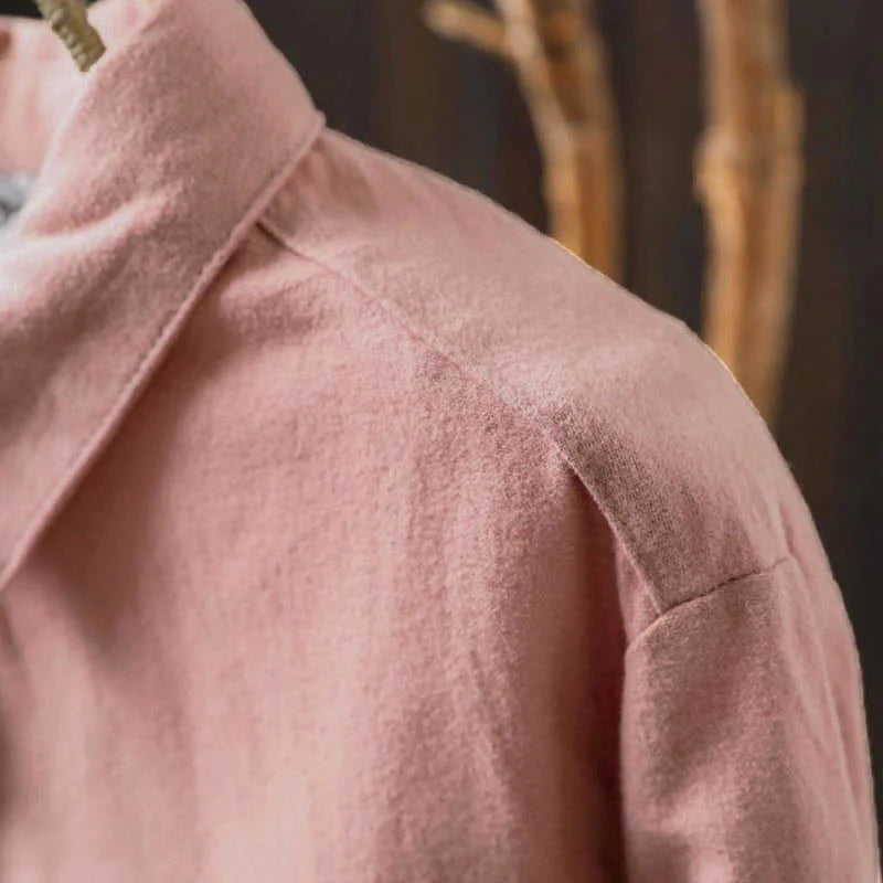 Buddha Stones Fall Solid Color Button Down Stand Collar Long Sleeve Women's Cotton Shirt