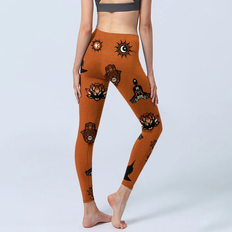 Buddha Stones Hamsa Hand Lotus Sun Pattern Gym Leggings Women's Yoga Pants