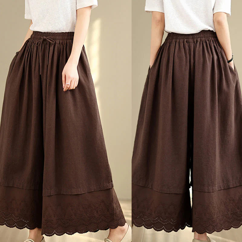 Buddha Stones Spring Embroidery Lace Hem Patchwork Drawstring Design Women's Wide Leg Cotton Pants With Pockets