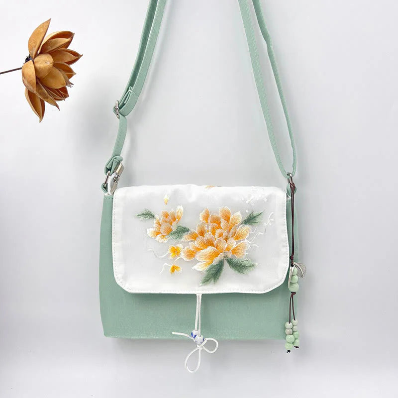 Buddha Stones Embroidered Camellia Epiphyllum Gardenia Sakura Flowers Crossbody Bag Shoulder Bag Cellphone Bag