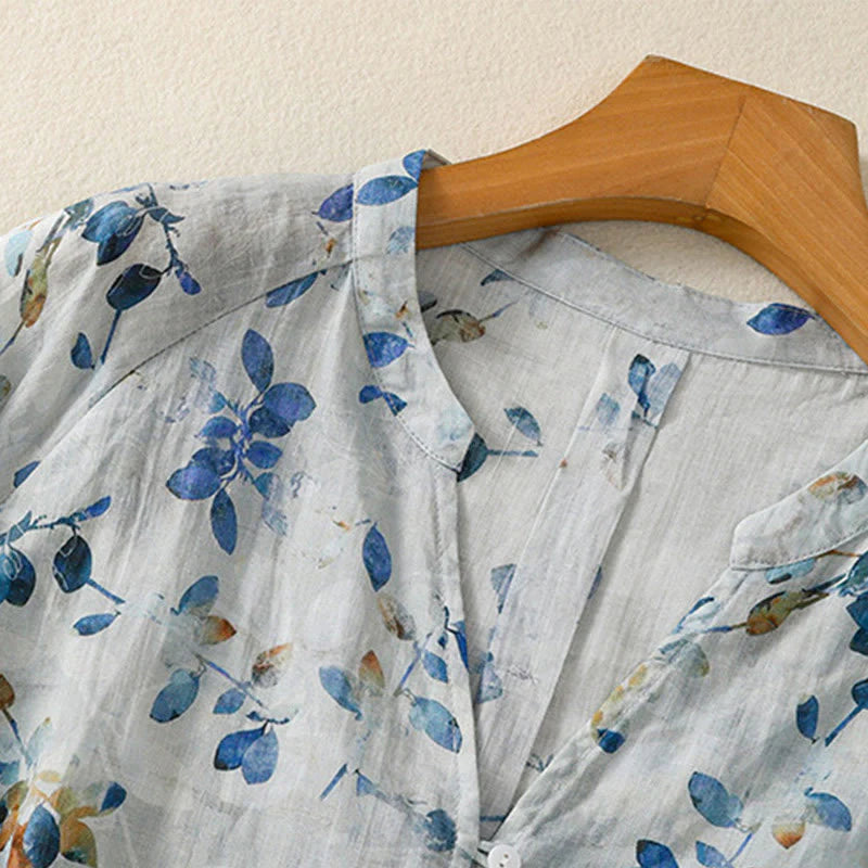 Buddha Stones Blue Floral V-Neck Three Quarter Sleeve Women's Cotton Shirt