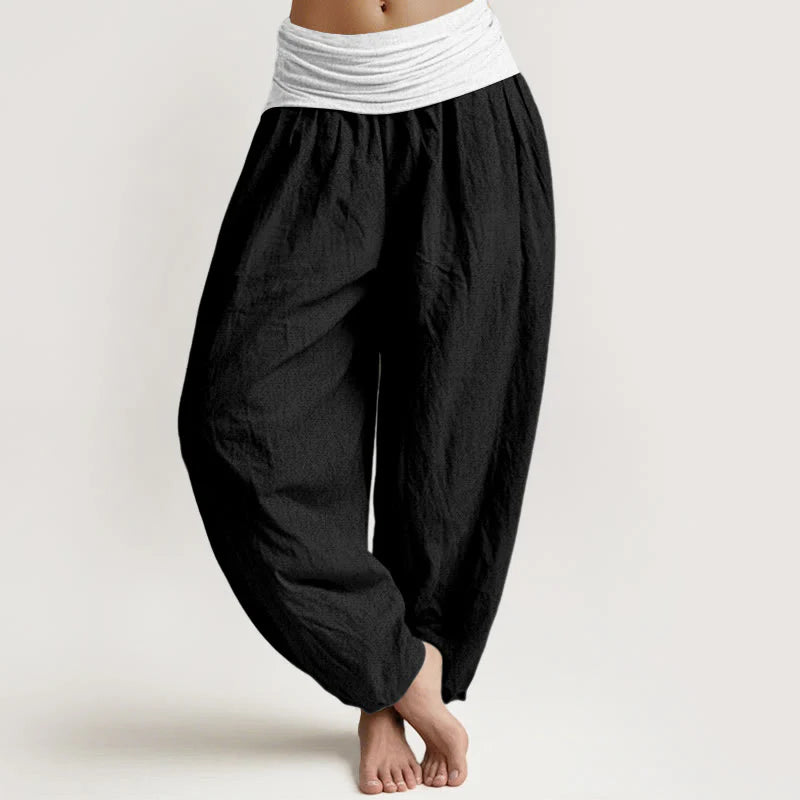 Buddha Stones Cotton Blue Black Gray Solid Color Women's Elastic Waist Harem Pants