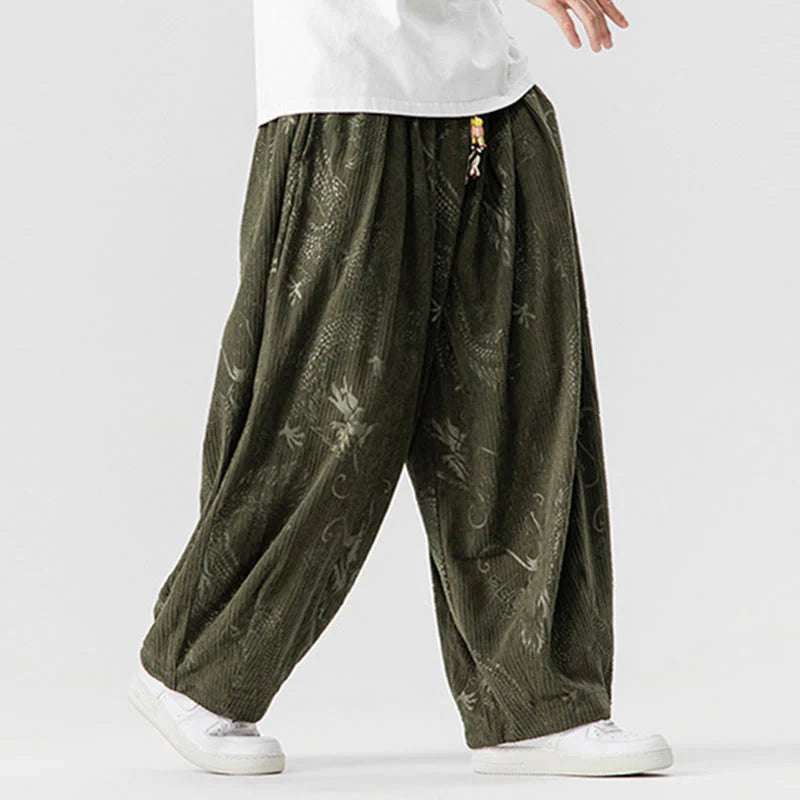 Buddha Stones Winter Dragon Phoenix Pattern Cotton Corduroy Men's Harem Pants With Pockets