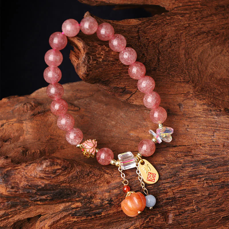 Buddha Stones Natural Strawberry Quartz Fu Character Pumpkin Charm Positive Bracelet (Extra 35% Off | USE CODE: FS35)
