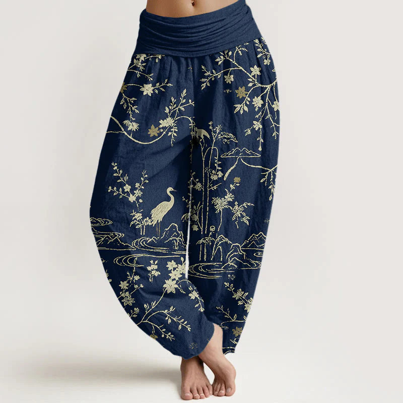 Buddha Stones Crane Floral Tree Branches Pattern Print Women's Elastic Waist Harem Pure Cotton Pants