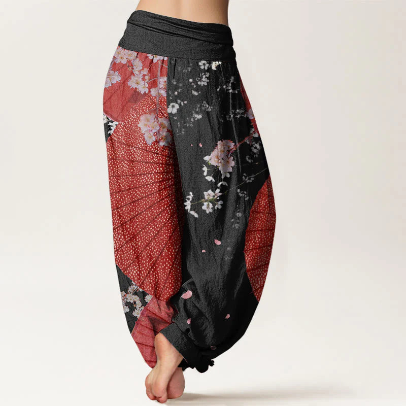 Buddha Stones Cotton Casual Red Oil-paper Umbrella Cherry Blossom Pattern Women's Elastic Waist Harem Pants