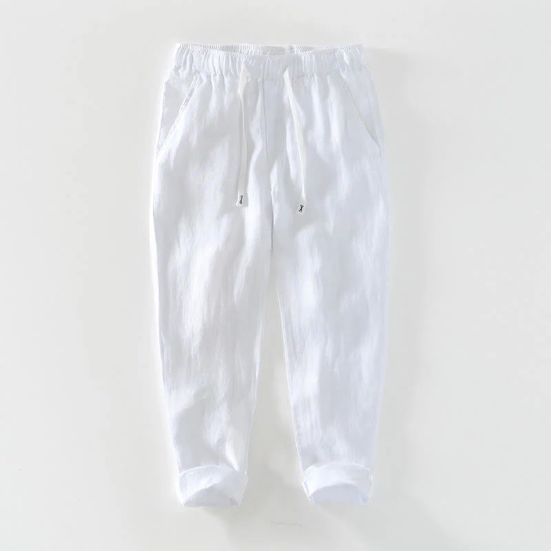 Buddha Stones Fall Solid Drawstring Elastic Waist Men's Linen Ankle-Length Pants With Pockets