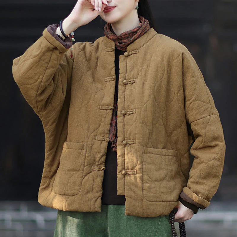 Buddha Stones Winter Curved Lines Frog-Button Ramie Cotton Long Sleeve Women's Thermal Jacket With Pockets