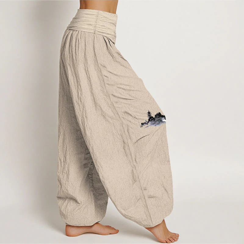 Buddha Stones Plum Blossoms Mountain Fisherman Pattern Pure Cotton Women's Elastic Waist Harem Pants