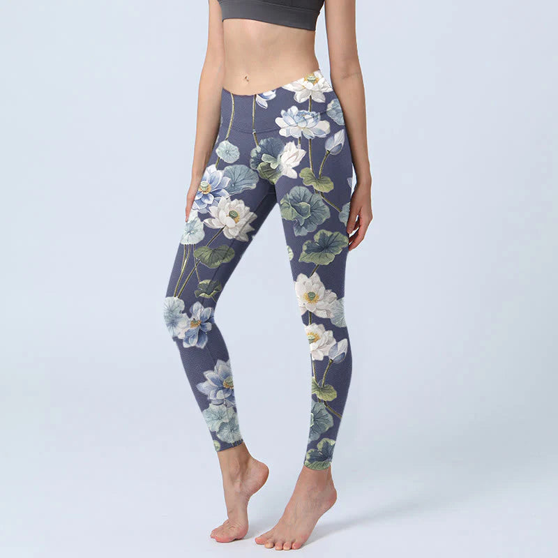 Buddha Stones Blue White Lotus Flowers Oil Painting Print Gym Leggings Women's Yoga Pants