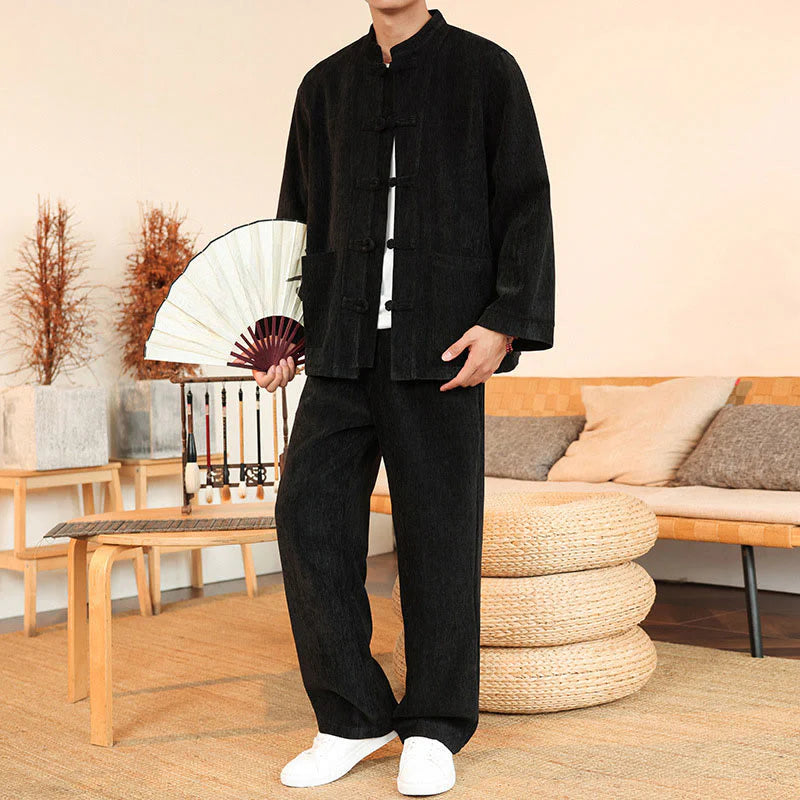 Buddha Stones 2Pcs Winter Thick Men's Tang Suit Frog-Button Cotton Corduroy Long Sleeve Jacket Pants Set With Pockets