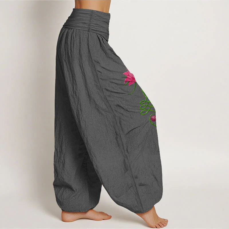 Buddha Stones Pure Cotton Strong Color Contrast Lotus Flower Pattern Women's Elastic Waist Harem Pants
