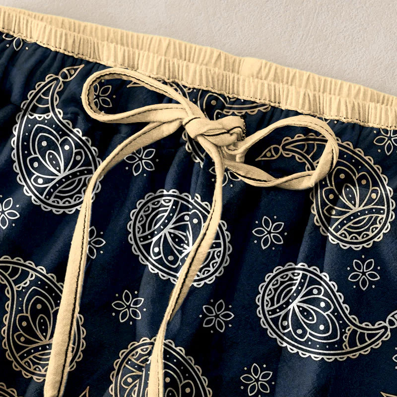 Buddha Stones Pure Cotton Elegant Paisley Pattern Women's Elastic Waist Pants With Pockets