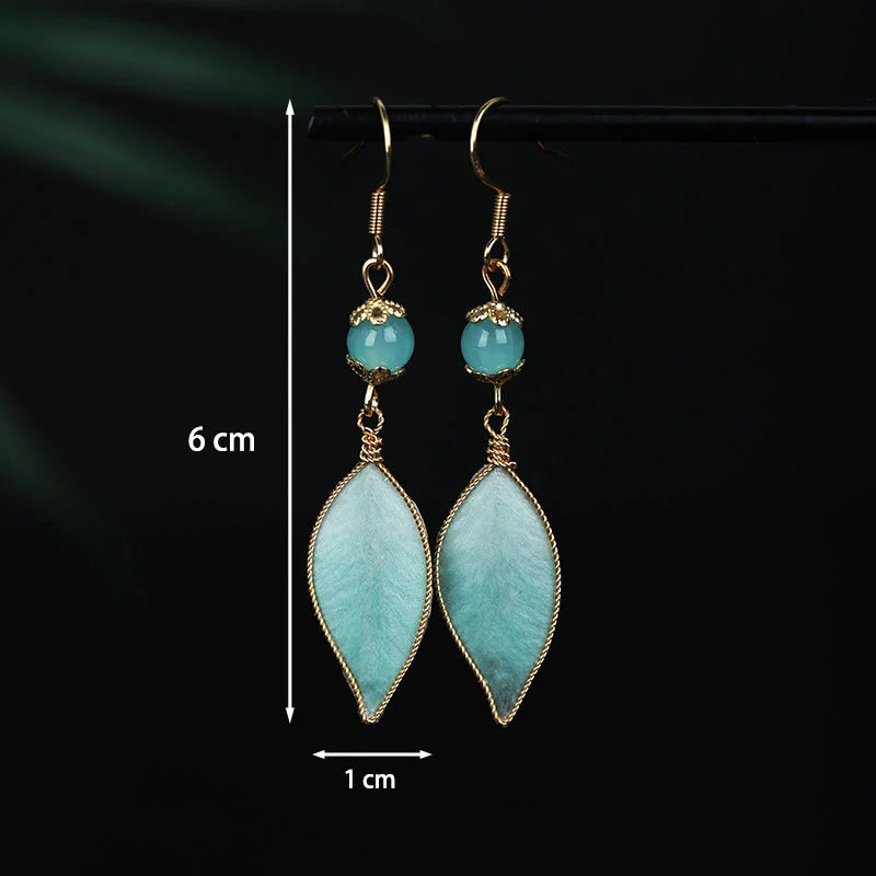 Buddha Stones Handmade Cyan Leaf Copper Plated Silver Hook Protection Drop Earrings