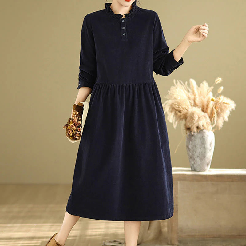 Buddha Stones Lace-Up Design Ruffled Crew Neck Cotton Corduroy Long Sleeve Midi Dress With Pockets