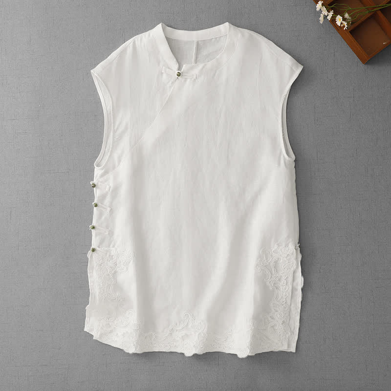 Buddha Stones Chinese Frog-Button Lace Patchwork Design Stand Collar Women's Cotton Sleeveless Vest