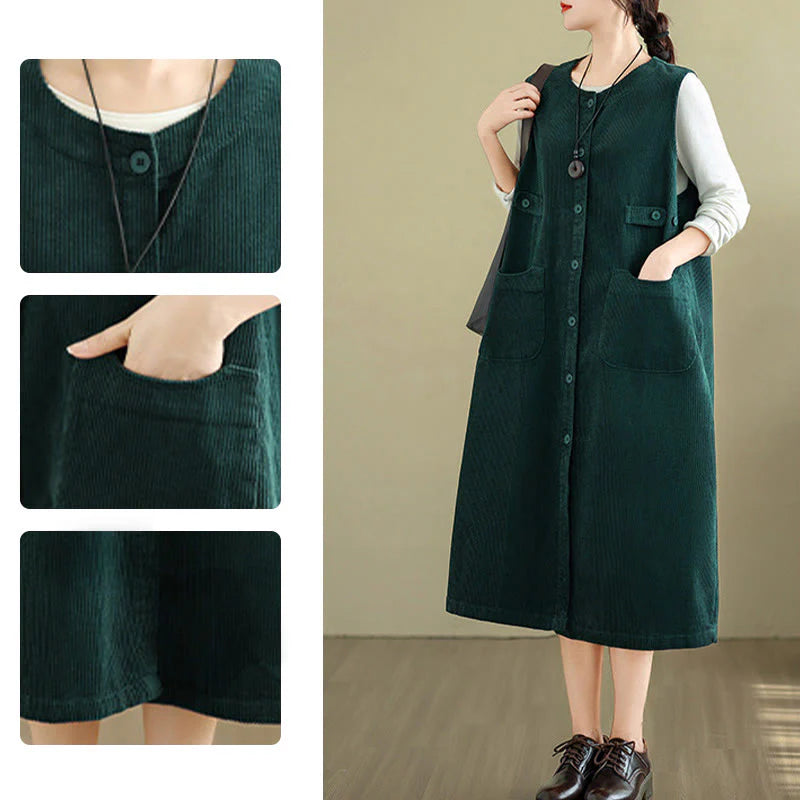Buddha Stones Pure Colo Buttons Sleeveless Midi Dress With Pockets