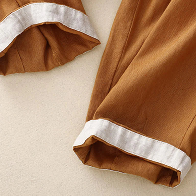 Buddha Stones Summer Plain Elastic Waist Two-tone Cuffs Cropped Women's Tapered Pants With Pockets