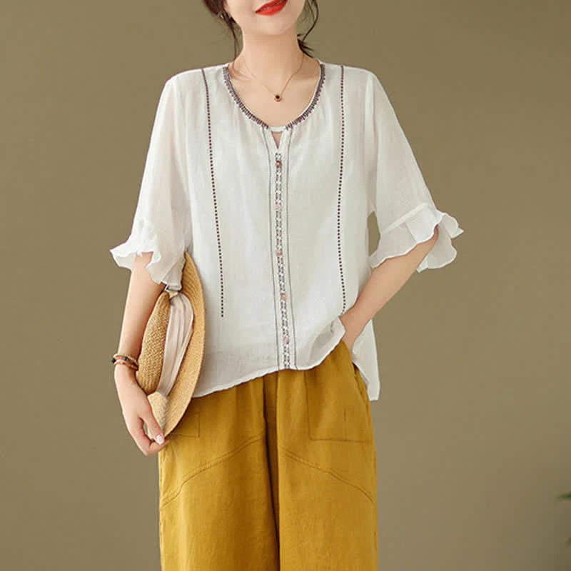 Buddha Stones Embroidery Buttons Crew Neck Flared Short Sleeve Women's Shirt