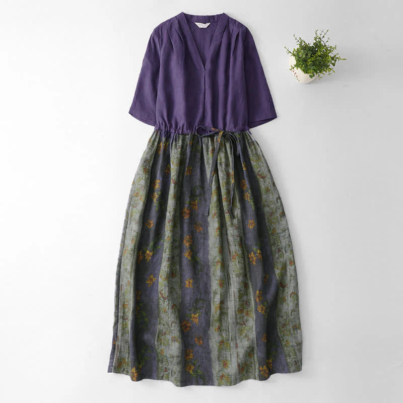 Buddha Stones Summer V Neck Drawstring Waist Floral Short Sleeve Below Knee Dress With Pockets