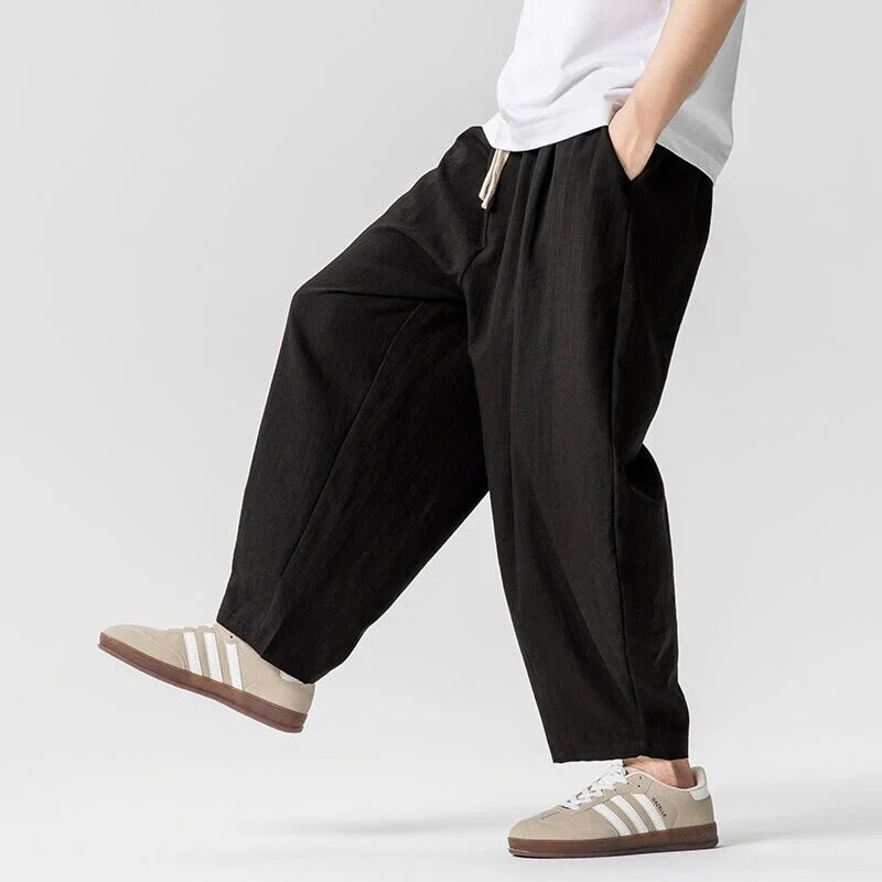Buddha Stones Summer Pure Color Drawstring Men's Cotton Ankle-Length Pants With Pockets
