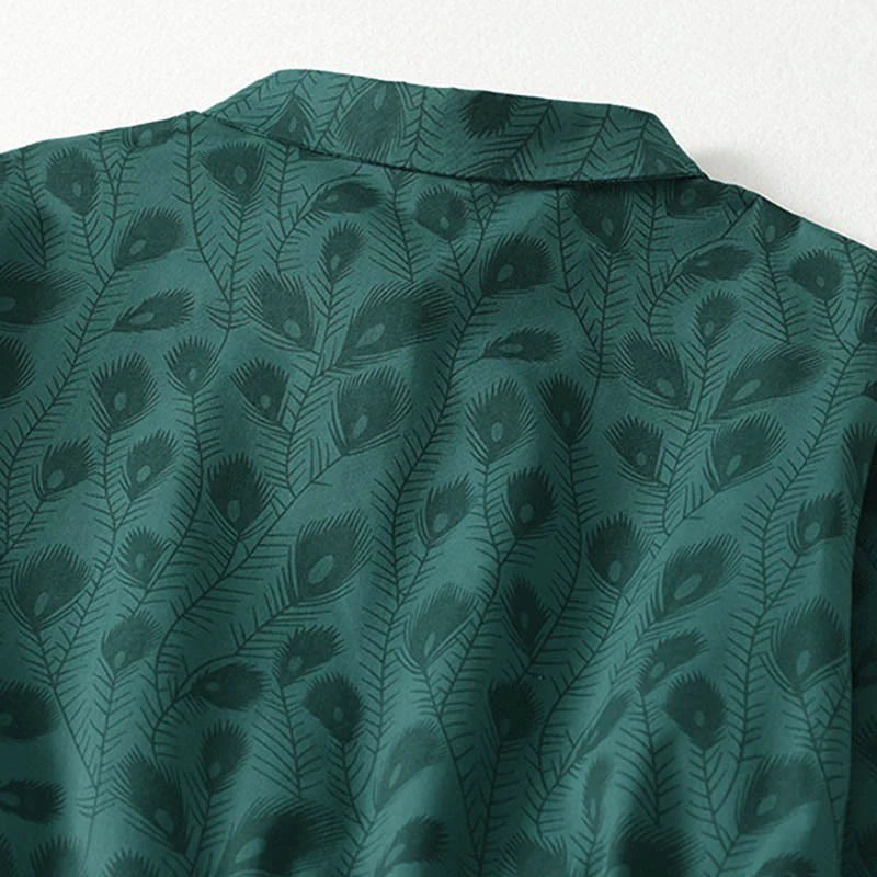 Buddha Stones Spring Grass Vines Print Buttons Design Long Sleeve Midi Dress With Pockets
