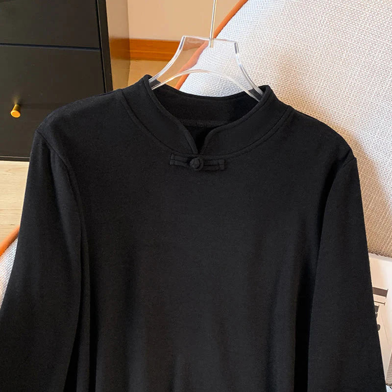 Buddha Stones Spring Solid Color Stand Collar Frog-button Design Women's Cotton Long Sleeve Shirt