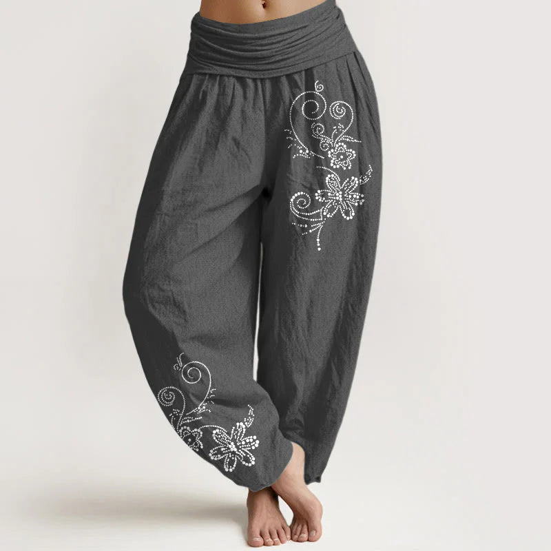Buddha Stones Pure Cotton Composed Of Dots Vine Flower Pattern Women's Elastic Waist Harem Pants