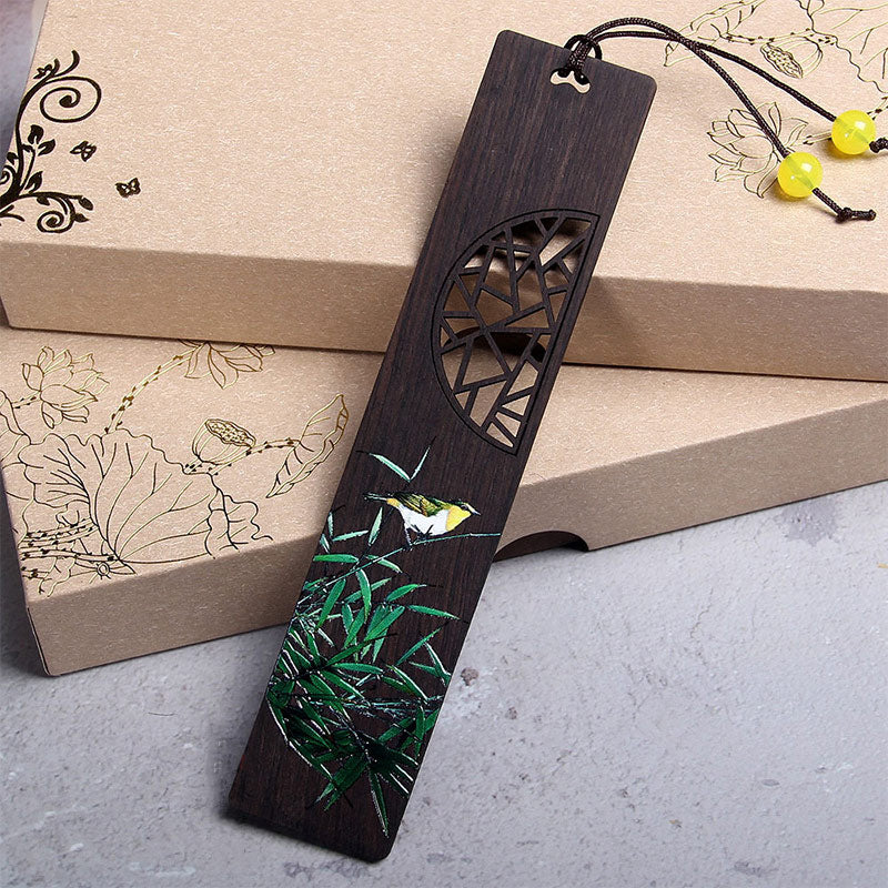 Buddha Stones Green Lotus Bamboo Oriole Ebony Wood Bookmarks With Gift Box (Extra 35% Off | USE CODE: FS35)