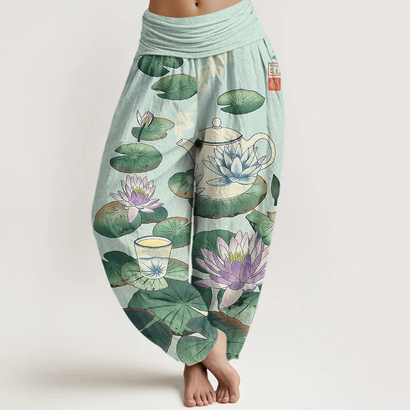 Buddha Stones Pure Cotton Fresh Teapot Cup Lotus Flower Leaf Pattern Women's Elastic Waist Harem Pants