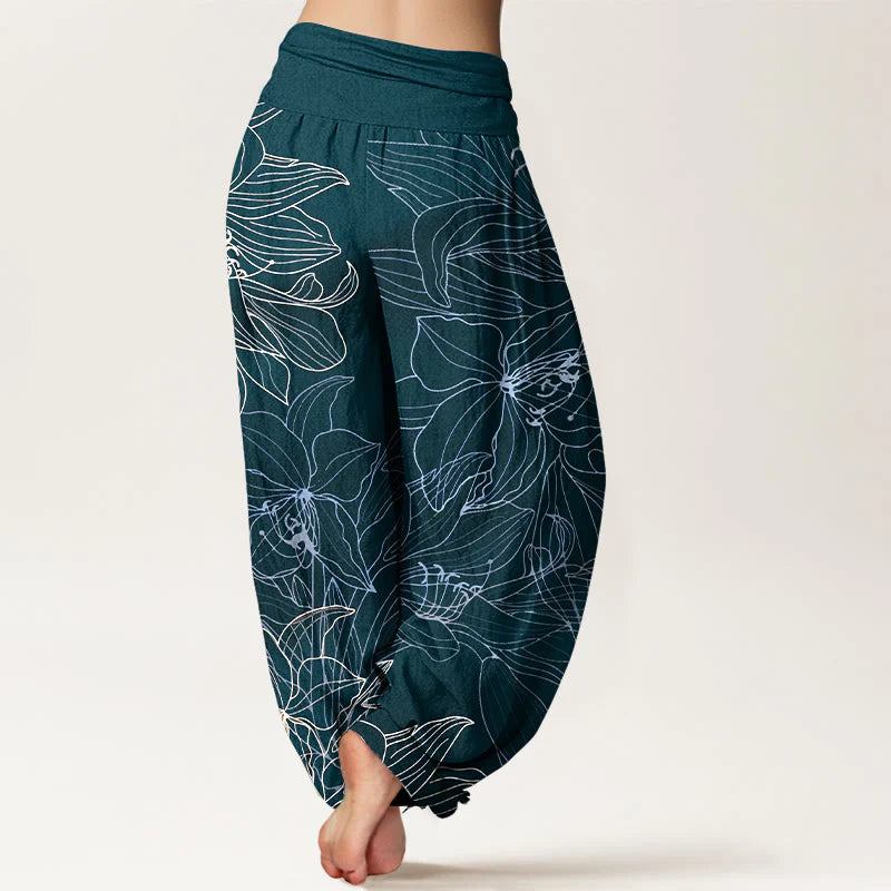 Buddha Stones Pure Cotton Minimalist Style Flower Pattern Women's Elastic Waist Harem Pants