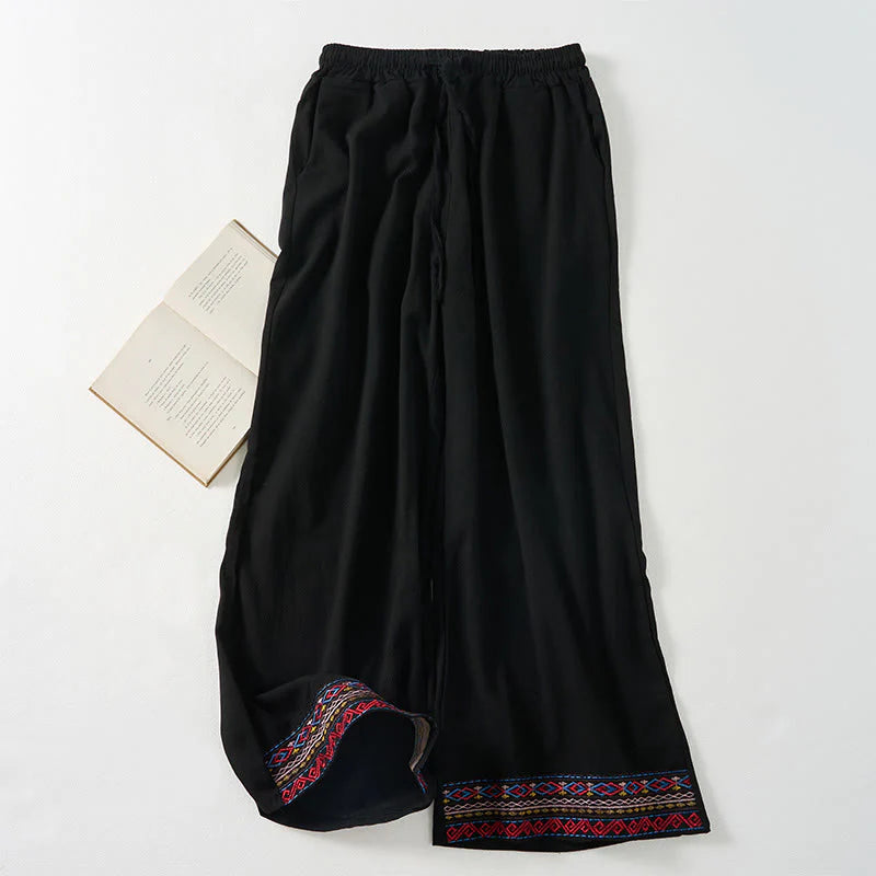 Buddha Stones Plain Bohemian Stripes Women's Wide Leg Pants With Pockets