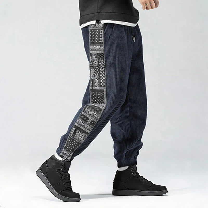 Buddha Stones Fall Solid Drawstring Side Paisley Pattern Straight Leg Ankle-length Corduroy Men's Pants With Pockets