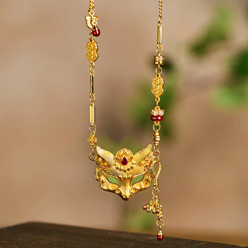Buddha Stone 24k Gold Plated Brass Fox Design Tassel Pendant Necklace