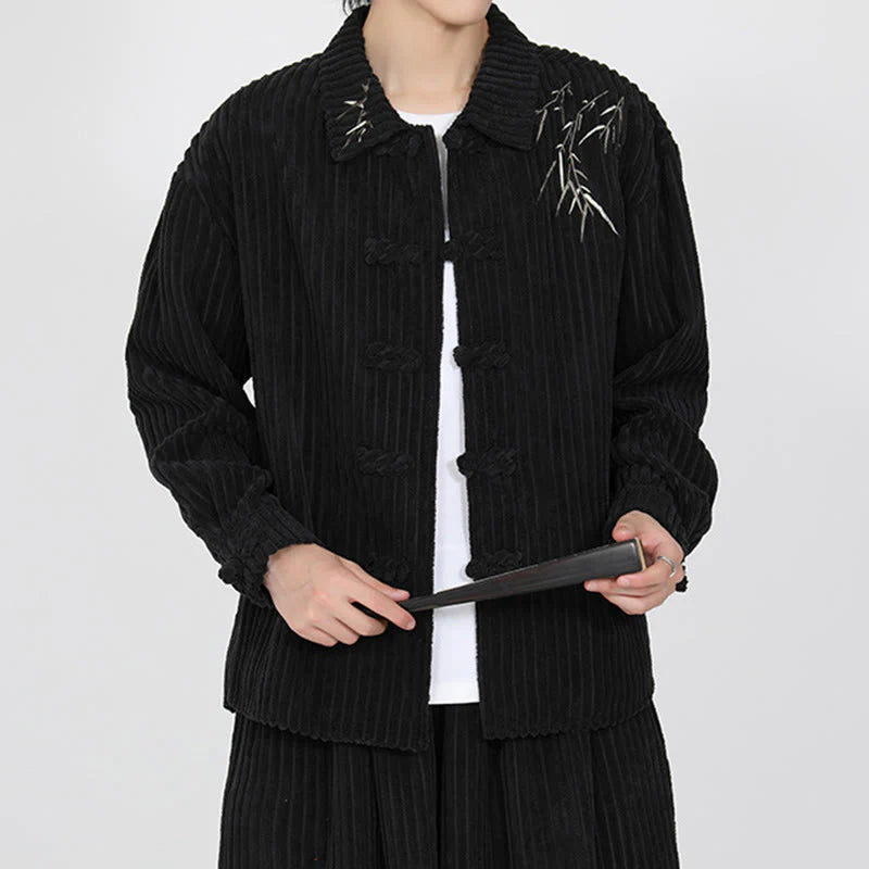 Buddha Stones Embroidery Bamboo Pattern Frog-Button Desgin Long Sleeve Men's Cotton Corduroy Jacket
