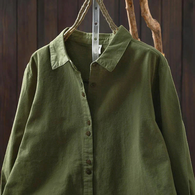 Buddha Stones Fall Solid Color Button Down Stand Collar Long Sleeve Women's Cotton Shirt
