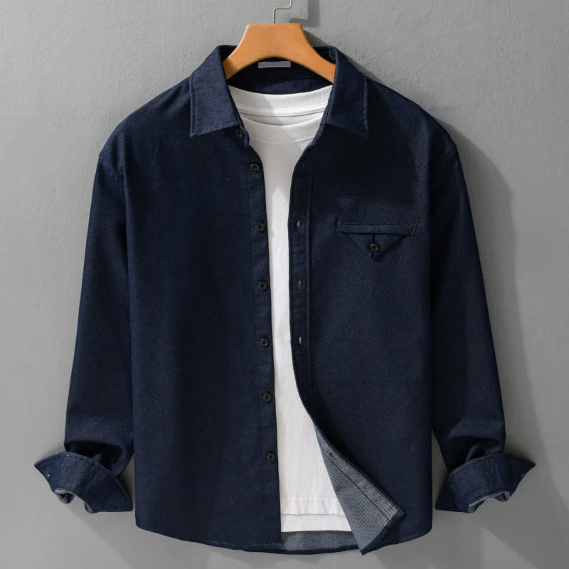 Buddha Stones Fall Solid Buttons Down Men's Stand Collar Long Sleeve Cotton Shirt