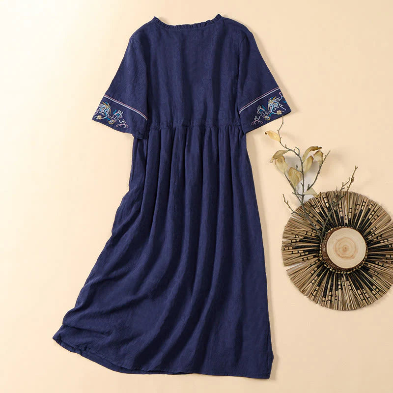 Buddha Stones Summer V-Neck Floral Embroidery Design Short Sleeve Cotton Midi Dress With Pockets