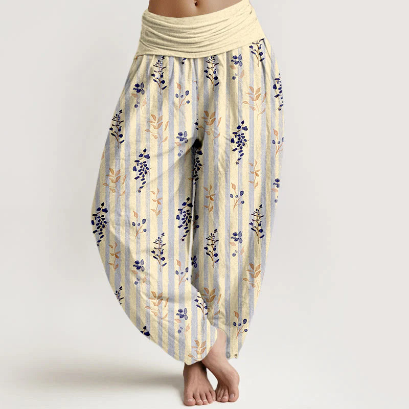 Buddha Stones Cotton Softly Colored Leaf Striped Pattern Women's Elastic Waist Harem Pants