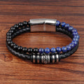 Buddha Stones Black Onyx Lazurite Lapis Lazuli Titanium Steel Fortune Calm Leather Bracelet