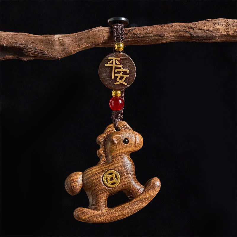 Buddha Stones Year of the Horse Rainbow Eucalyptus Small Leaf Red Sandalwood Linden Wood Ebony Carved Positive Key Chain